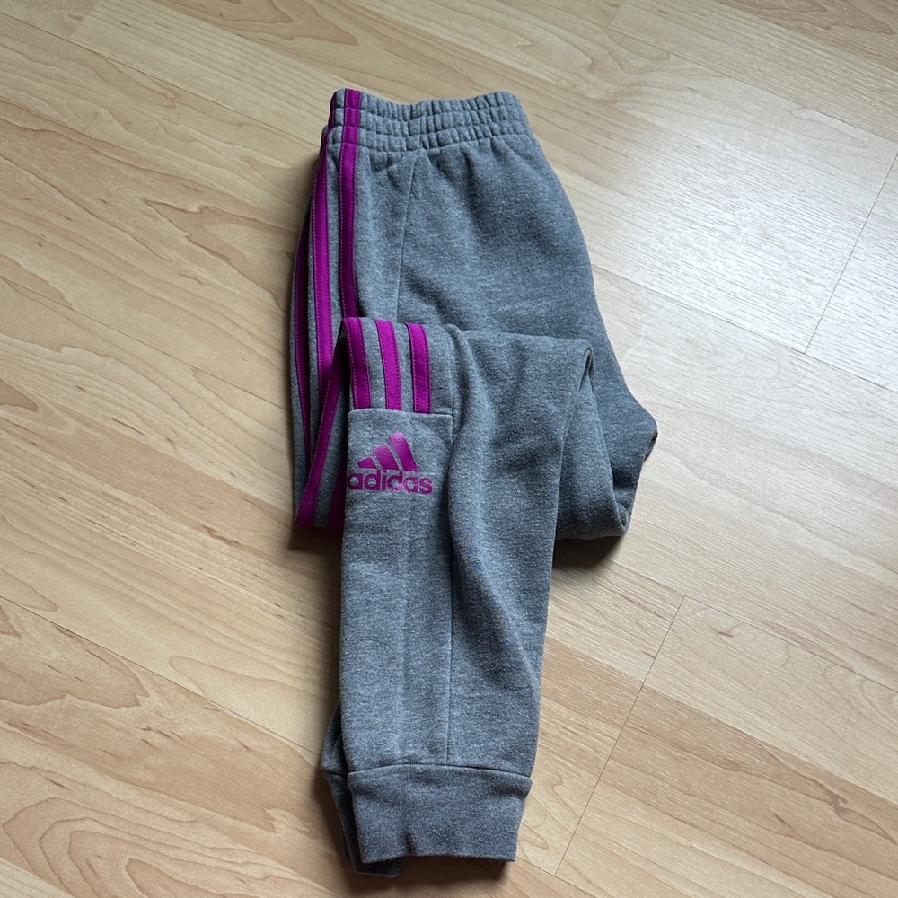 adidas Kids Gray Joggers with Pink Stripe Accents